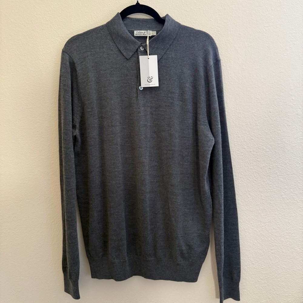 Collars & Co Mens Australian Merino Wool Long Sleeve Polo Sweater Grey Large NWT